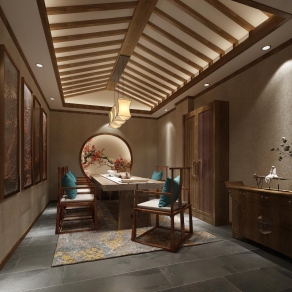 新中式会议室端景桌椅3D模型下载